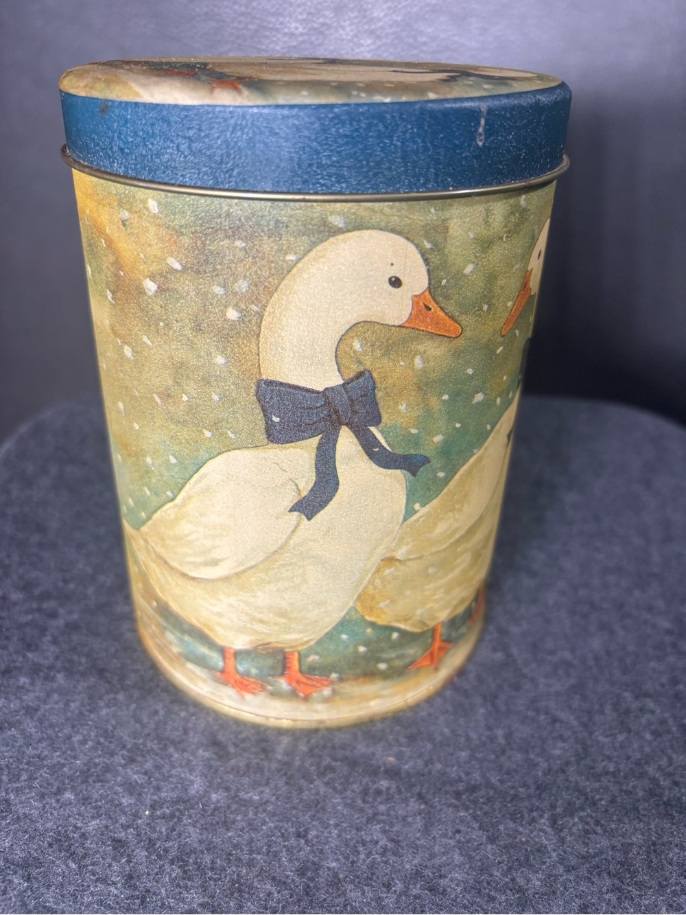 Vintage Geese Blue Ribbons Ducks Tin Canister Farmhouse Country Decor